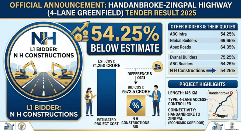 Handanbroke–Zingpal Highway Tender Result 2025: N H Constructions Emerges L1 with 54.25% Below Estimate