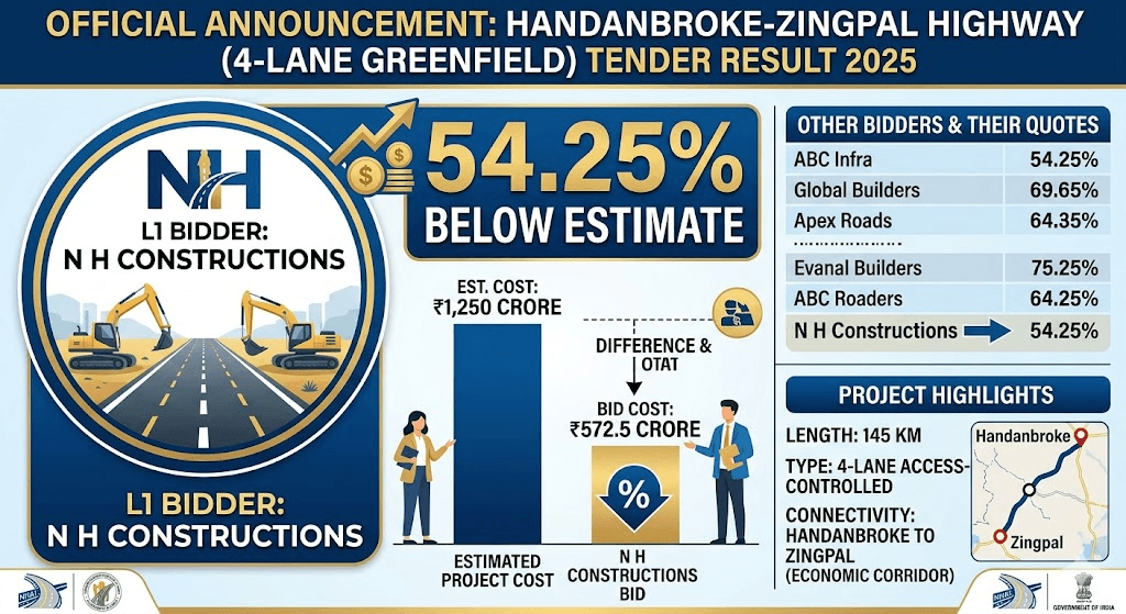 Handanbroke–Zingpal Highway Tender Result 2025: N H Constructions Emerges L1 with 54.25% Below Estimate