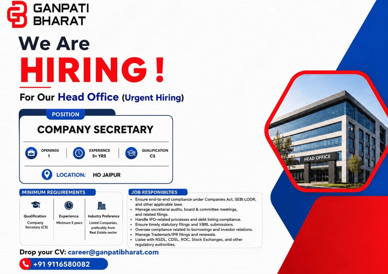 Ganpati Bharat Hiring 2026: Company Secretary, CAD Draughtsman & Design Engineer Jobs in Jaipur