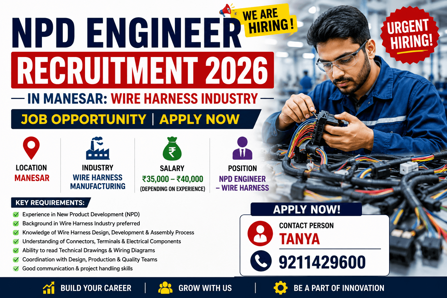 NPD Engineer Recruitment 2026 in Manesar: Wire Harness Industry Job Opportunity | Apply Now