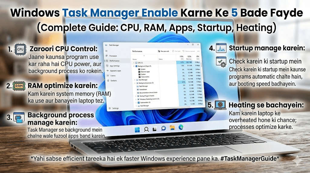 Windows Task Manager Enable Karne Ke 5 Bade Fayde: CPU, RAM, Background Apps, Startup Programs Aur Laptop Heating Ki Complete Guide