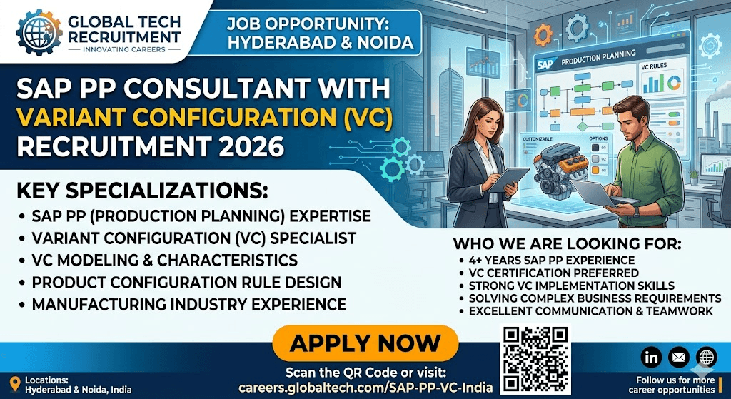 SAP PP Consultant with Variant Configuration (VC) Recruitment 2026: Hyderabad & Noida Job Opportunity | Apply Now