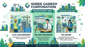 Shree Ganesh Corporation Recruitment 2026 for Civil Engineering, Billing Engineer, and HR Admin. Apply at www.shresmorm.com