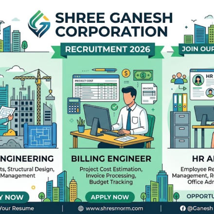 Shree Ganesh Corporation Recruitment 2026: Civil Engineer & HR Admin Jobs 54 Shree Ganesh Corporation Recruitment 2026 for Civil Engineering, Billing Engineer, and HR Admin. Apply at www.shresmorm.com
