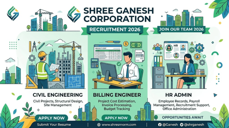 Shree Ganesh Corporation Recruitment 2026 for Civil Engineering, Billing Engineer, and HR Admin. Apply at www.shresmorm.com