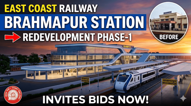 East Coast Railway Brahmapur Station Redevelopment Phase-1 invites bids now. Modern station rendering vs old building