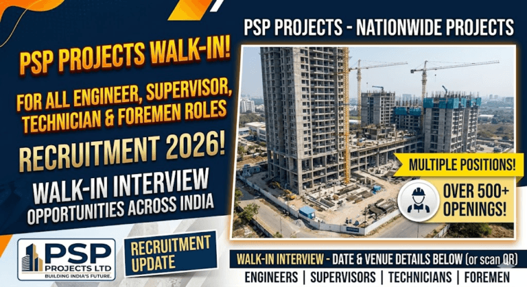 PSP Projects Ltd Recruitment 2026 Walk-In Interview for Civil Engineers and Supervisors