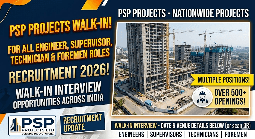 PSP Projects Ltd Recruitment 2026 – Walk-In Interview for Engineers, Supervisors, Technicians & Foremen