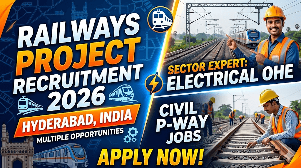 Railways Project Recruitment 2026 in Hyderabad | Sector Expert Electrical OHE & Civil P-Way Jobs