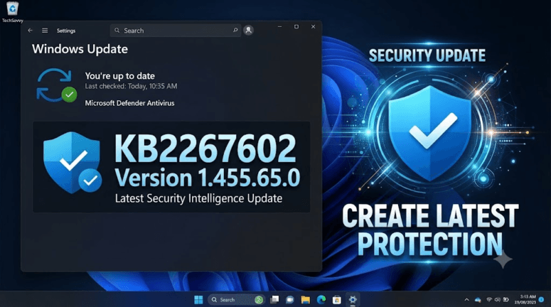 Windows 11 Update Screen + Microsoft Defender Shield + “KB2267602 Version 1.455.65.0” + “Latest Security Intelligence Update
