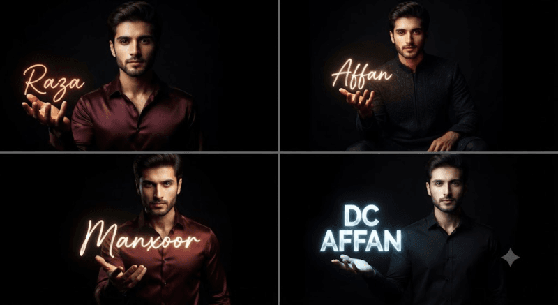 Glowing Name AI Photo Editing Prompts: Raza, Affan, Manxoor और DC AFFAN के लिए 4 Cinematic Prompts